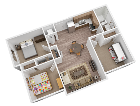 Floor plan for 3 beds, 2 baths, 943 sqft